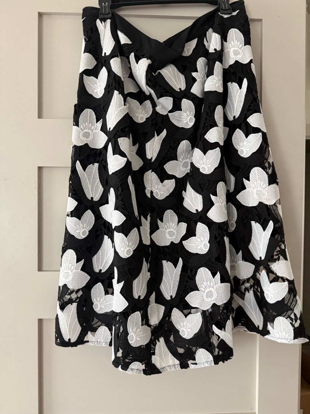 Ming Wang Black A-Line Skirt with White Floral Lace